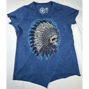 Affliction‎ Indian Chief Skull Shirt Men's Small Blue Embellished USA Made Rare*